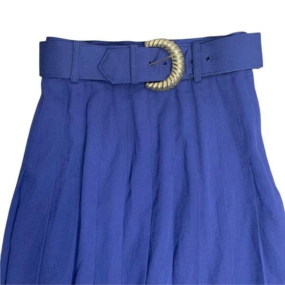 Vintage 90s Pleated Schoolgirl Skirt S Navy Blue Belted Knee Length Button Zip - Picture 2 of 5